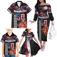 Hawaii Statehood Day Family Matching Off The Shoulder Long Sleeve Dress and Hawaiian Shirt 50th state of the United States Kakau Tattoos and Hibiscus Grunge - Polynesian Pride