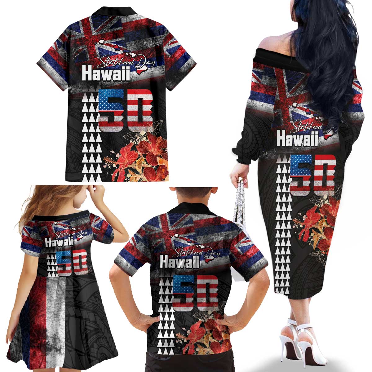 Hawaii Statehood Day Family Matching Off The Shoulder Long Sleeve Dress and Hawaiian Shirt 50th state of the United States Kakau Tattoos and Hibiscus Grunge - Polynesian Pride