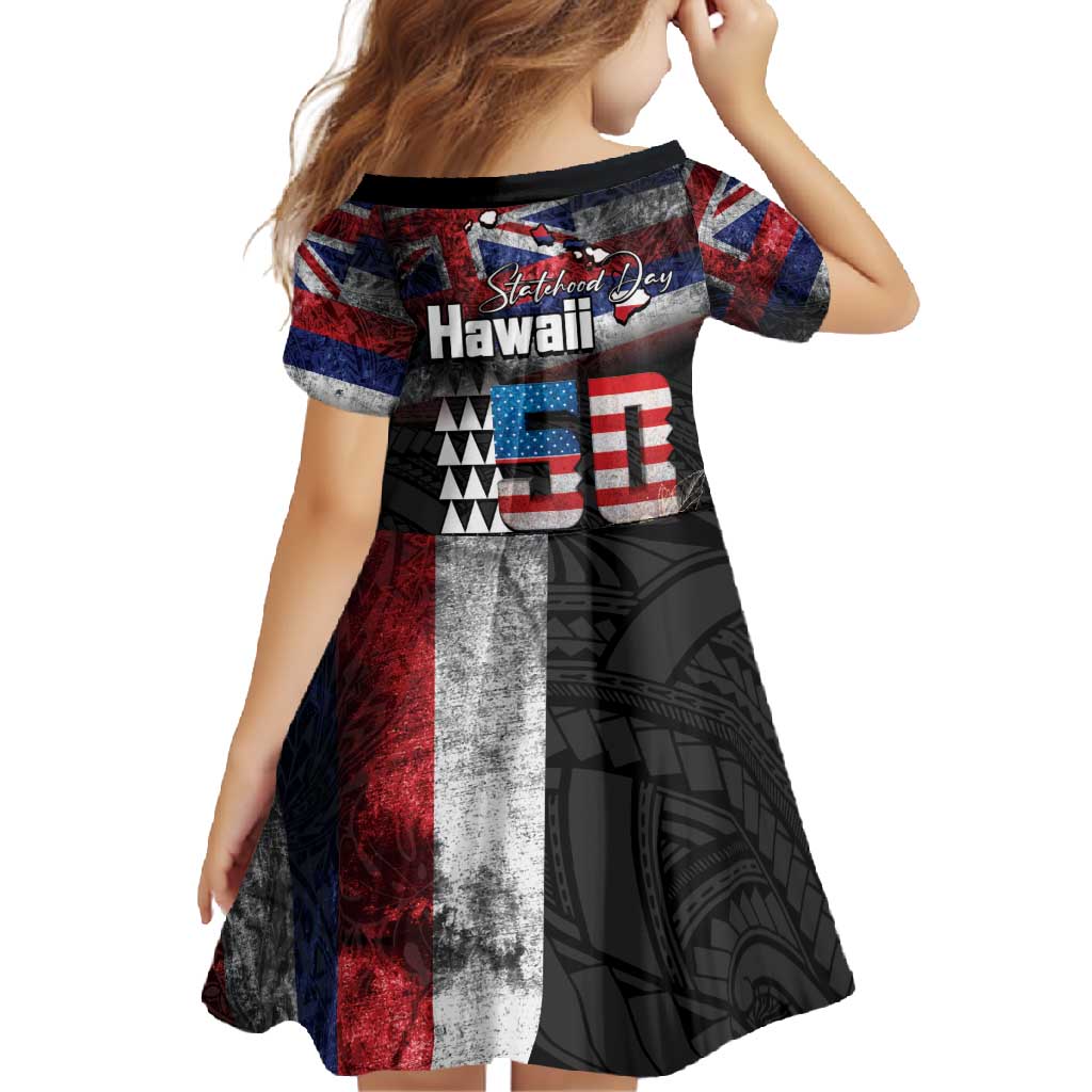 Hawaii Statehood Day Family Matching Off Shoulder Maxi Dress and Hawaiian Shirt 50th state of the United States Kakau Tattoos and Hibiscus Grunge LT03 - Polynesian Pride