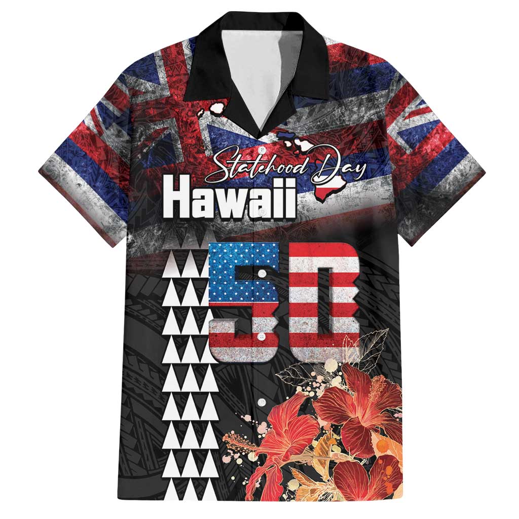 Hawaii Statehood Day Family Matching Off Shoulder Maxi Dress and Hawaiian Shirt 50th state of the United States Kakau Tattoos and Hibiscus Grunge LT03 Dad's Shirt - Short Sleeve Black - Polynesian Pride
