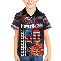 Hawaii Statehood Day Family Matching Off Shoulder Maxi Dress and Hawaiian Shirt 50th state of the United States Kakau Tattoos and Hibiscus Grunge LT03 Son's Shirt Black - Polynesian Pride