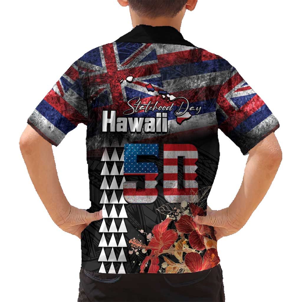 Hawaii Statehood Day Family Matching Off Shoulder Short Dress and Hawaiian Shirt 50th state of the United States Kakau Tattoos and Hibiscus Grunge LT03 - Polynesian Pride