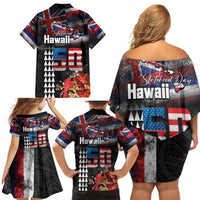 Hawaii Statehood Day Family Matching Off Shoulder Short Dress and Hawaiian Shirt 50th state of the United States Kakau Tattoos and Hibiscus Grunge LT03 - Polynesian Pride