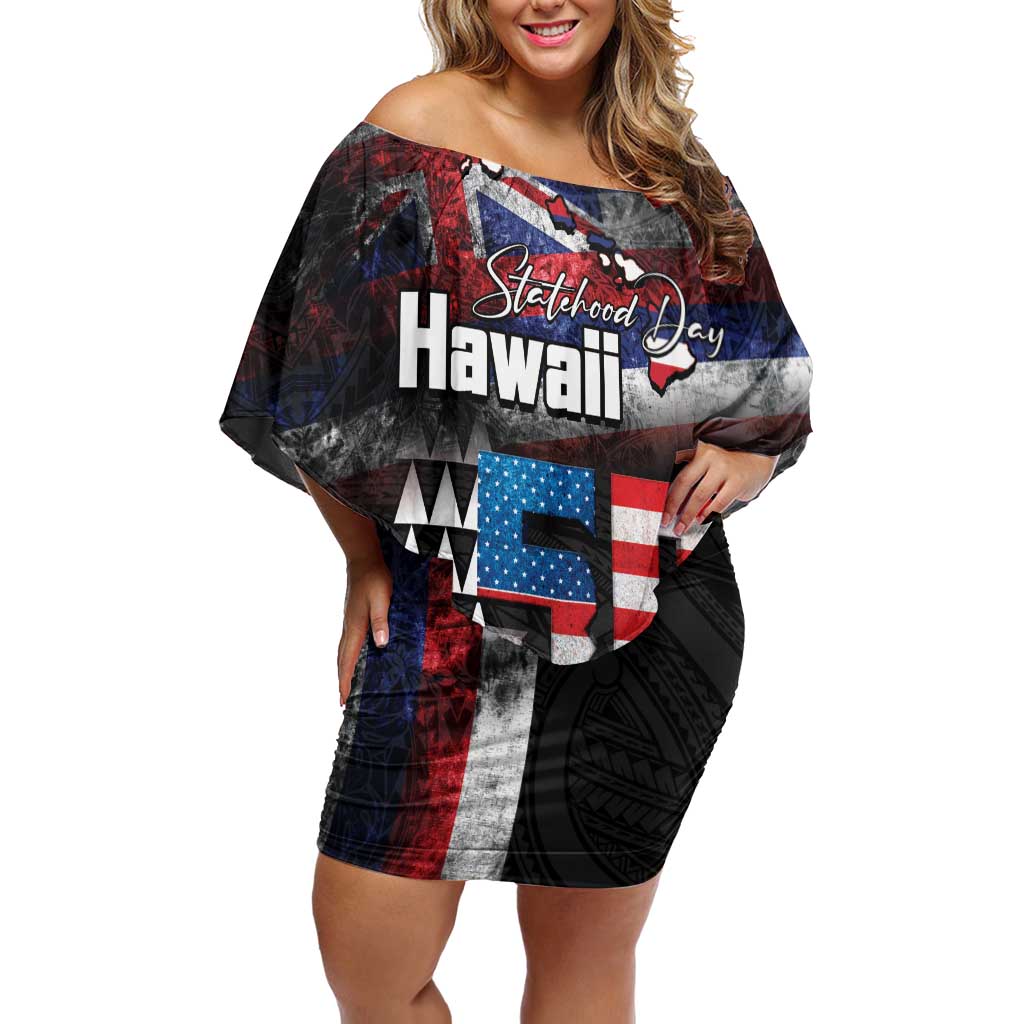 Hawaii Statehood Day Family Matching Off Shoulder Short Dress and Hawaiian Shirt 50th state of the United States Kakau Tattoos and Hibiscus Grunge LT03 Mom's Dress Black - Polynesian Pride
