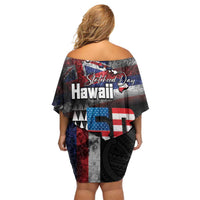 Hawaii Statehood Day Family Matching Off Shoulder Short Dress and Hawaiian Shirt 50th state of the United States Kakau Tattoos and Hibiscus Grunge LT03 - Polynesian Pride