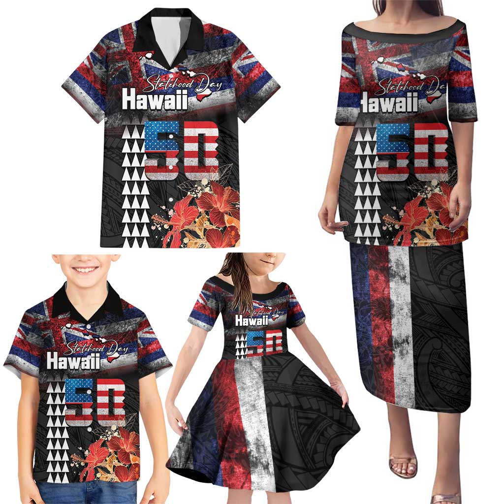 Hawaii Statehood Day Family Matching Puletasi and Hawaiian Shirt 50th state of the United States Kakau Tattoos and Hibiscus Grunge - Polynesian Pride