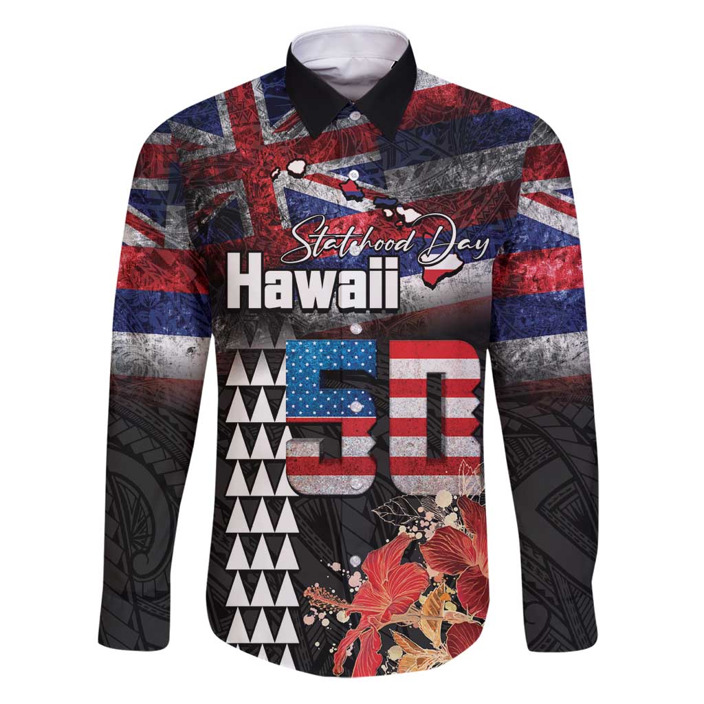 Hawaii Statehood Day Family Matching Puletasi and Hawaiian Shirt 50th state of the United States Kakau Tattoos and Hibiscus Grunge - Polynesian Pride