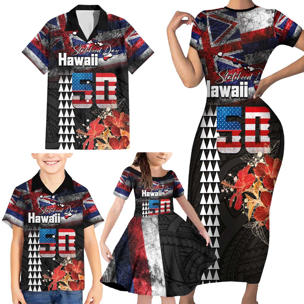 Hawaii Statehood Day Family Matching Short Sleeve Bodycon Dress and Hawaiian Shirt 50th state of the United States Kakau Tattoos and Hibiscus Grunge LT03 - Polynesian Pride