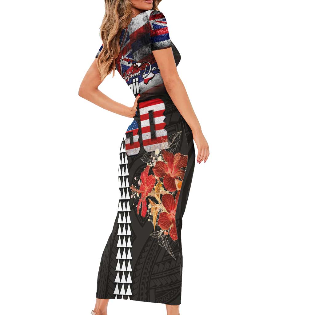 Hawaii Statehood Day Family Matching Short Sleeve Bodycon Dress and Hawaiian Shirt 50th state of the United States Kakau Tattoos and Hibiscus Grunge LT03 - Polynesian Pride