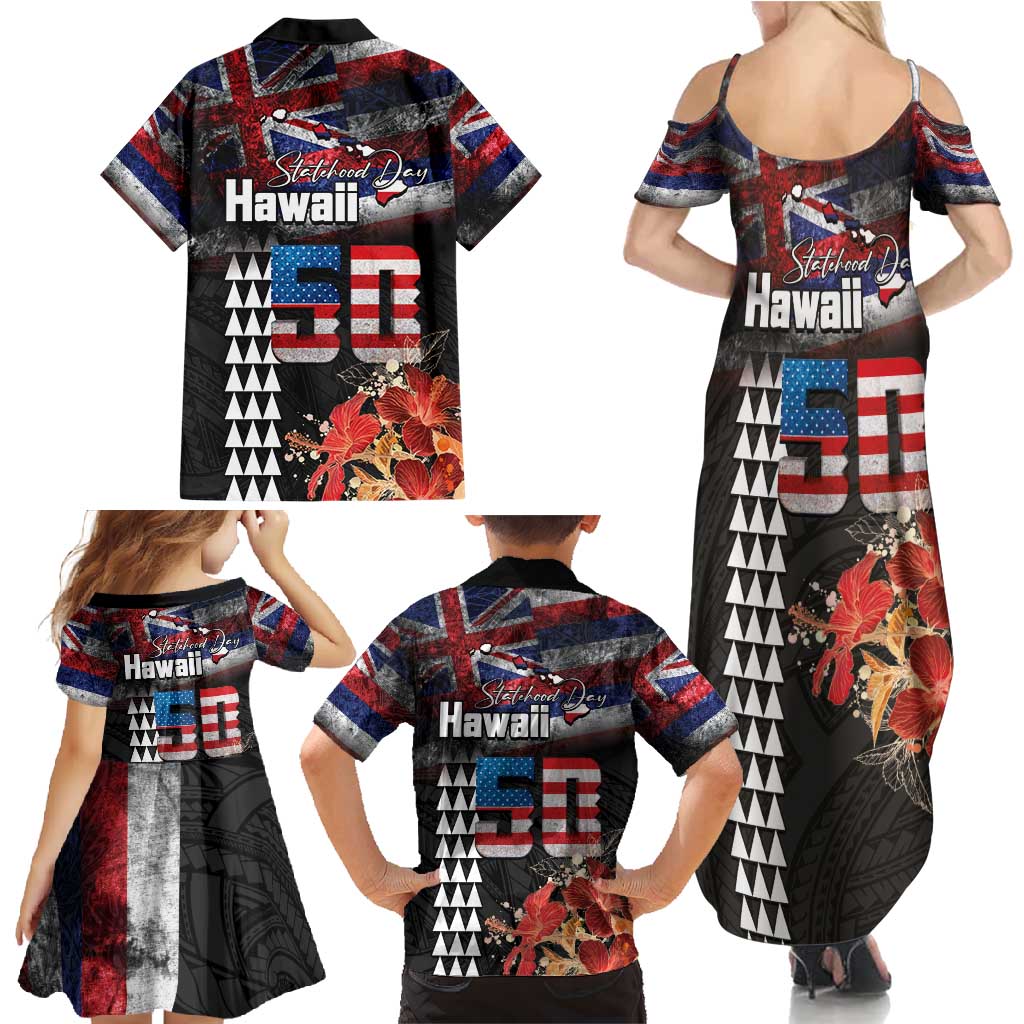 Hawaii Statehood Day Family Matching Summer Maxi Dress and Hawaiian Shirt 50th state of the United States Kakau Tattoos and Hibiscus Grunge LT03 - Polynesian Pride