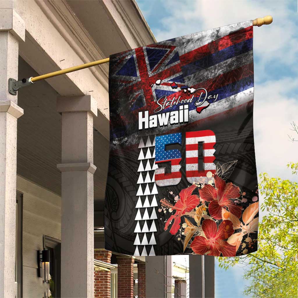 Hawaii Statehood Day Garden Flag 50th state of the United States Kakau Tattoos and Hibiscus Grunge - Polynesian Pride