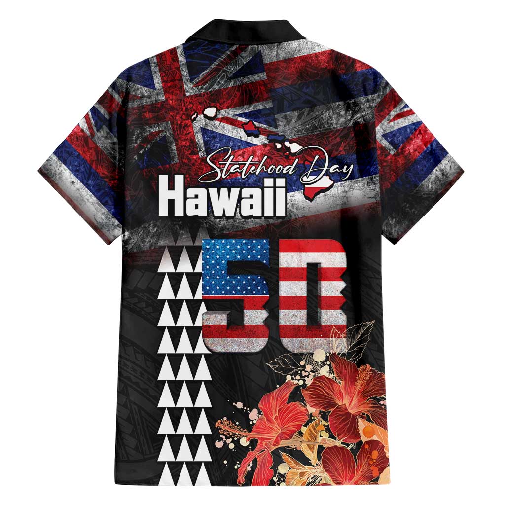 Hawaii Statehood Day Hawaiian Shirt 50th state of the United States Kakau Tattoos and Hibiscus Grunge - Polynesian Pride