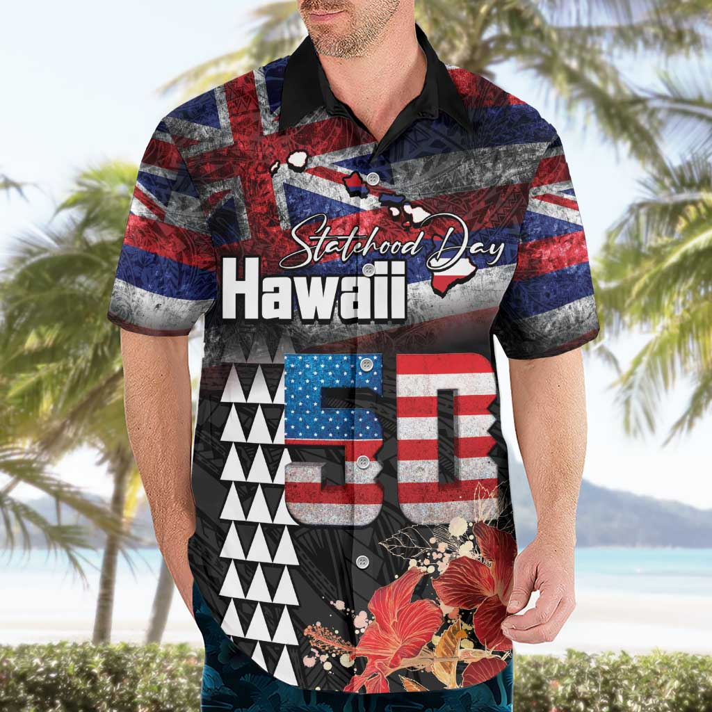 Hawaii Statehood Day Hawaiian Shirt 50th state of the United States Kakau Tattoos and Hibiscus Grunge - Polynesian Pride