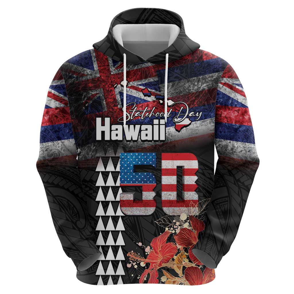 Hawaii Statehood Day Hoodie 50th state of the United States Kakau Tattoos and Hibiscus Grunge - Polynesian Pride