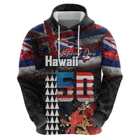 Hawaii Statehood Day Hoodie 50th state of the United States Kakau Tattoos and Hibiscus Grunge - Polynesian Pride