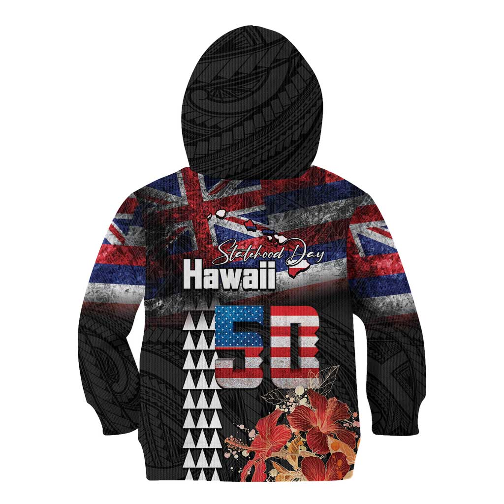 Hawaii Statehood Day Kid Hoodie 50th state of the United States Kakau Tattoos and Hibiscus Grunge - Polynesian Pride