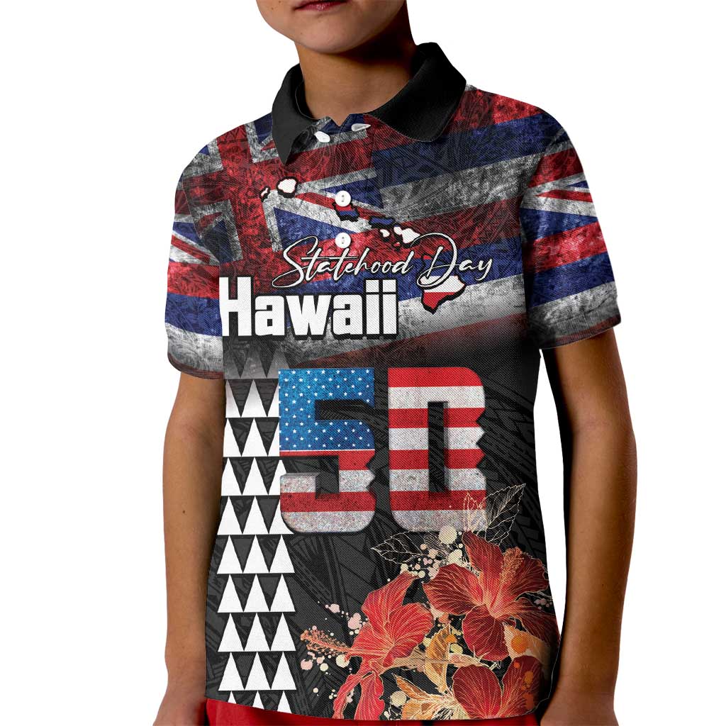 Hawaii Statehood Day Kid Polo Shirt 50th state of the United States Kakau Tattoos and Hibiscus Grunge LT03 Kid Black - Polynesian Pride