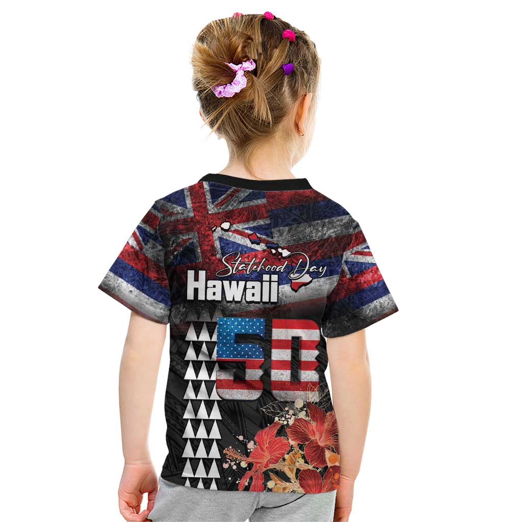 Hawaii Statehood Day Kid T Shirt 50th state of the United States Kakau Tattoos and Hibiscus Grunge - Polynesian Pride