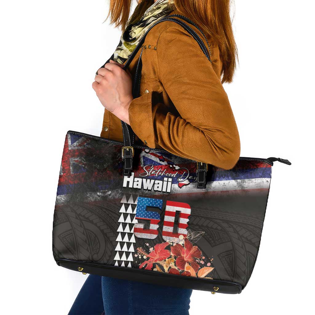 Hawaii Statehood Day Leather Tote Bag 50th state of the United States Kakau Tattoos and Hibiscus Grunge LT03 Black - Polynesian Pride