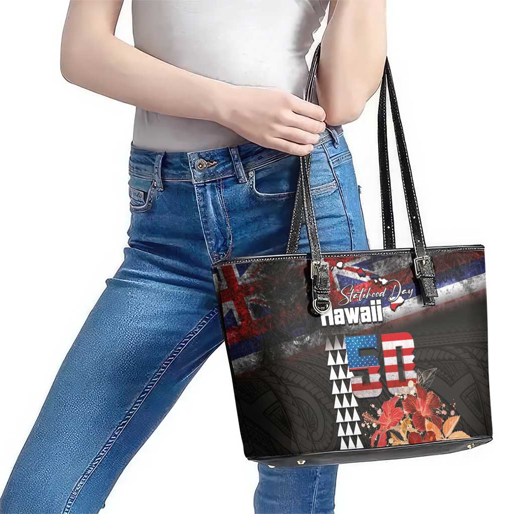 Hawaii Statehood Day Leather Tote Bag 50th state of the United States Kakau Tattoos and Hibiscus Grunge LT03 - Polynesian Pride