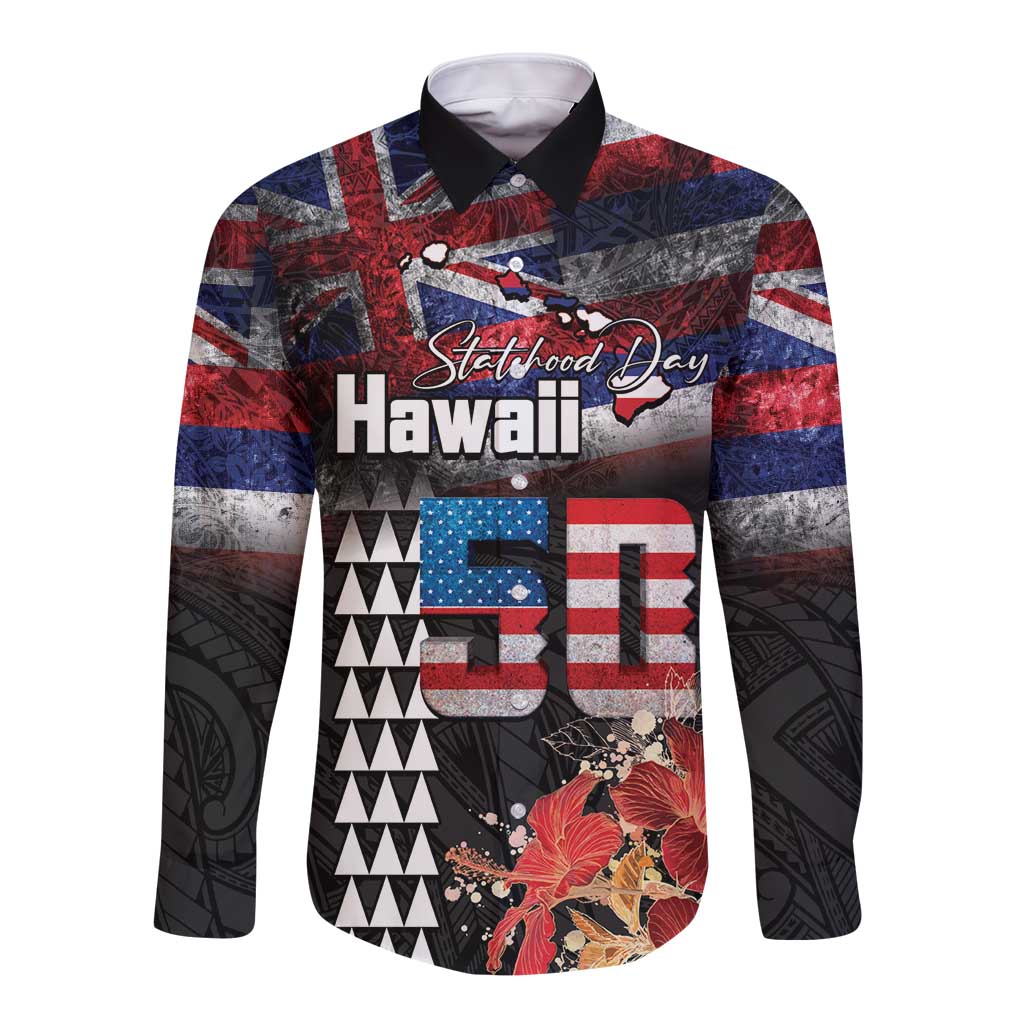 Hawaii Statehood Day Long Sleeve Button Shirt 50th state of the United States Kakau Tattoos and Hibiscus Grunge - Polynesian Pride