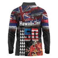 Hawaii Statehood Day Long Sleeve Polo Shirt 50th state of the United States Kakau Tattoos and Hibiscus Grunge LT03 - Polynesian Pride