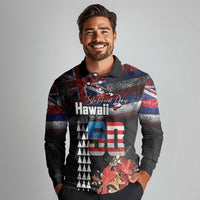 Hawaii Statehood Day Long Sleeve Polo Shirt 50th state of the United States Kakau Tattoos and Hibiscus Grunge LT03 - Polynesian Pride