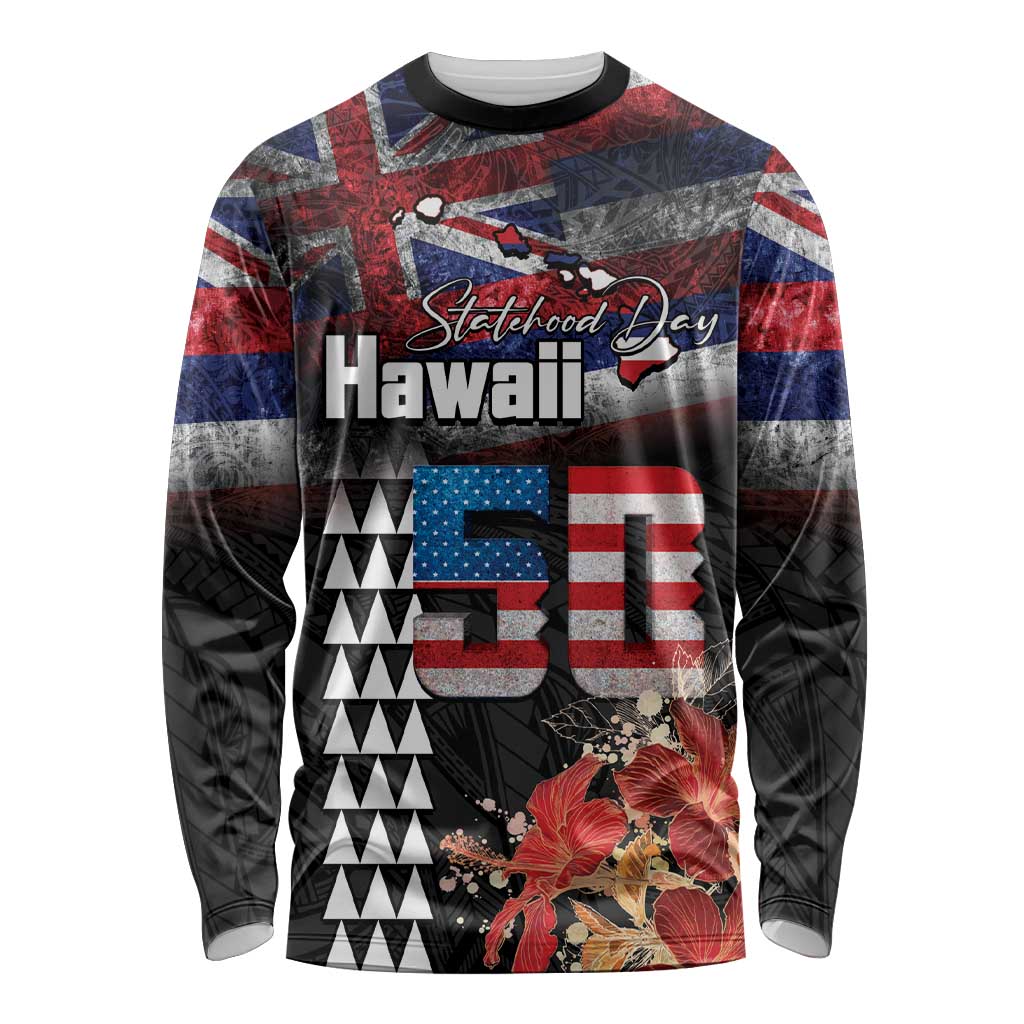 Hawaii Statehood Day Long Sleeve Shirt 50th state of the United States Kakau Tattoos and Hibiscus Grunge - Polynesian Pride