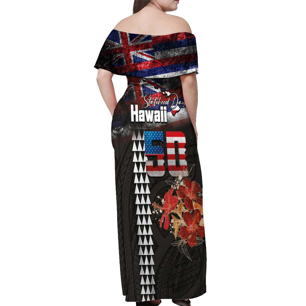 Hawaii Statehood Day Off Shoulder Maxi Dress 50th state of the United States Kakau Tattoos and Hibiscus Grunge - Polynesian Pride