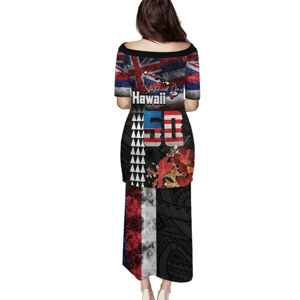 Hawaii Statehood Day Puletasi 50th state of the United States Kakau Tattoos and Hibiscus Grunge - Polynesian Pride