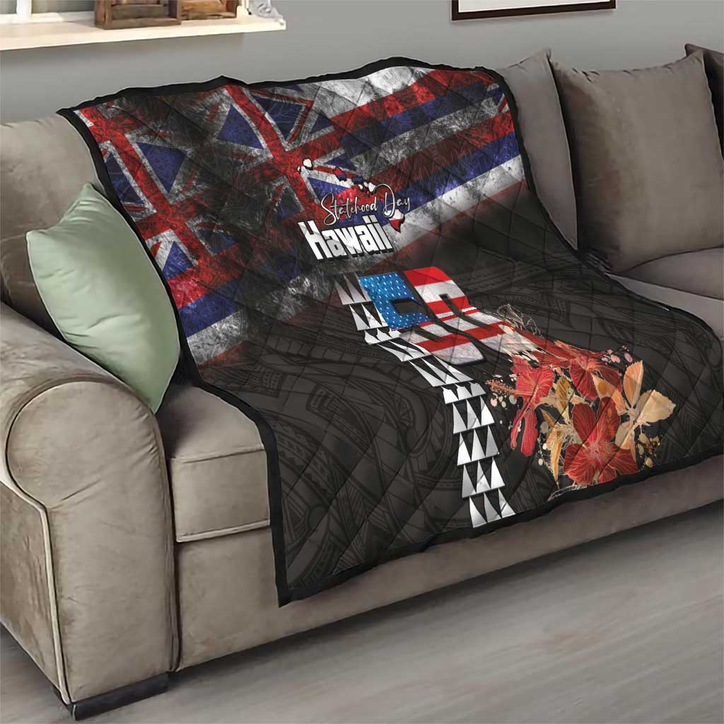 Hawaii Statehood Day Quilt 50th state of the United States Kakau Tattoos and Hibiscus Grunge - Polynesian Pride