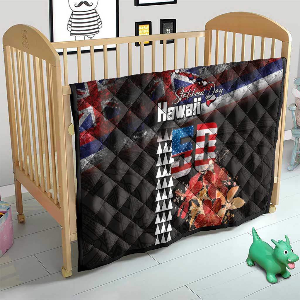 Hawaii Statehood Day Quilt 50th state of the United States Kakau Tattoos and Hibiscus Grunge - Polynesian Pride