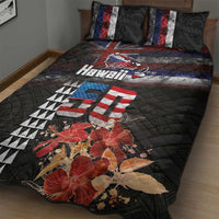 Hawaii Statehood Day Quilt Bed Set 50th state of the United States Kakau Tattoos and Hibiscus Grunge - Polynesian Pride