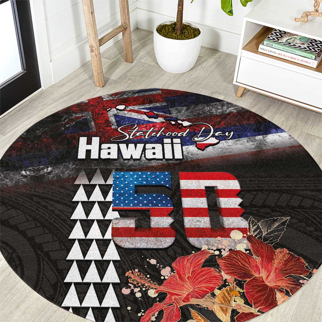Hawaii Statehood Day Round Carpet 50th state of the United States Kakau Tattoos and Hibiscus Grunge - Polynesian Pride
