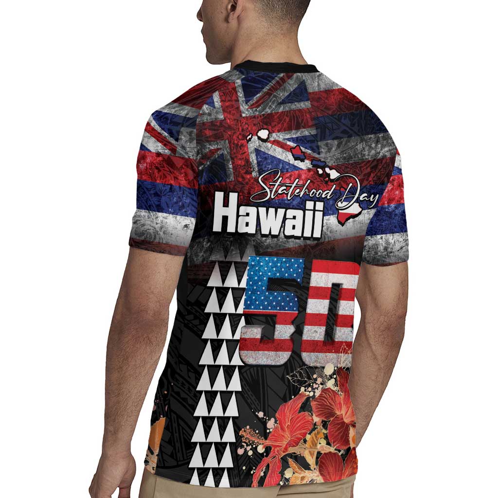 Hawaii Statehood Day Rugby Jersey 50th state of the United States Kakau Tattoos and Hibiscus Grunge LT03 - Polynesian Pride