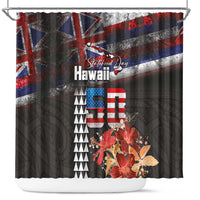 Hawaii Statehood Day Shower Curtain 50th state of the United States Kakau Tattoos and Hibiscus Grunge - Polynesian Pride