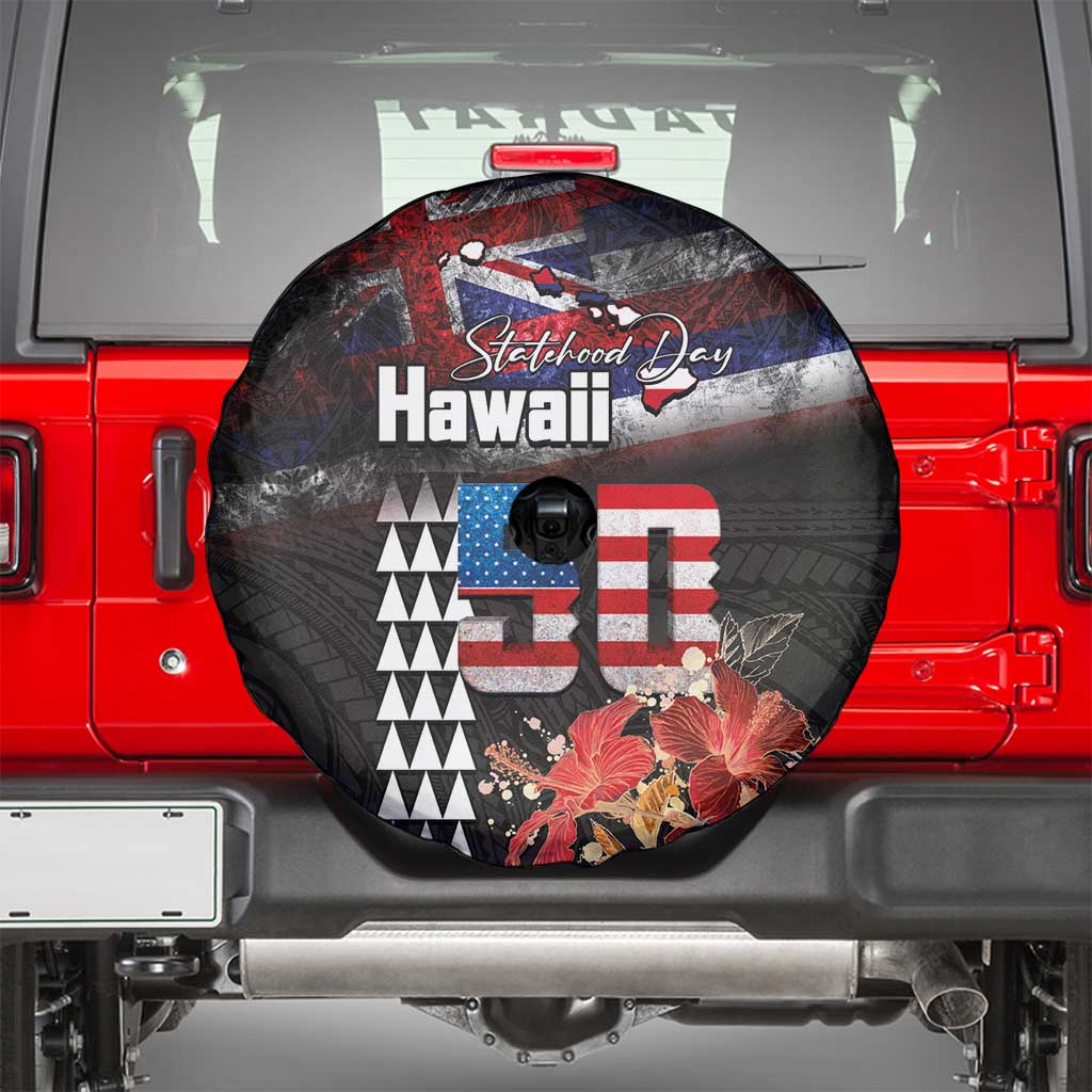 Hawaii Statehood Day Spare Tire Cover 50th state of the United States Kakau Tattoos and Hibiscus Grunge - Polynesian Pride