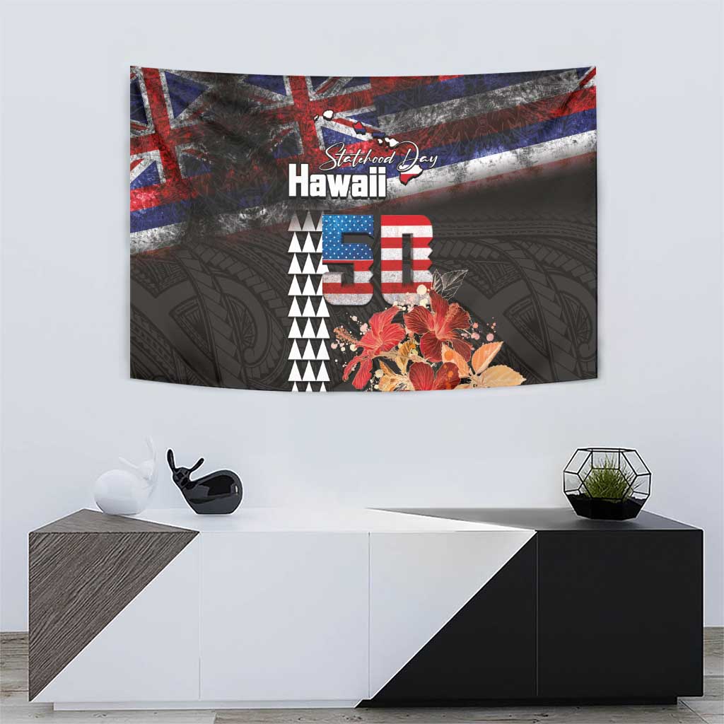 Hawaii Statehood Day Tapestry 50th state of the United States Kakau Tattoos and Hibiscus Grunge - Polynesian Pride