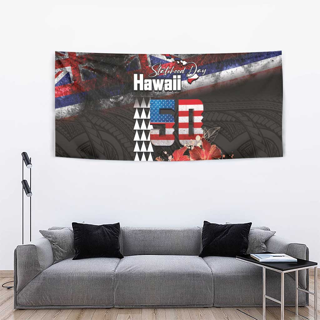 Hawaii Statehood Day Tapestry 50th state of the United States Kakau Tattoos and Hibiscus Grunge - Polynesian Pride
