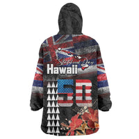 Hawaii Statehood Day Wearable Blanket Hoodie 50th state of the United States Kakau Tattoos and Hibiscus Grunge - Polynesian Pride