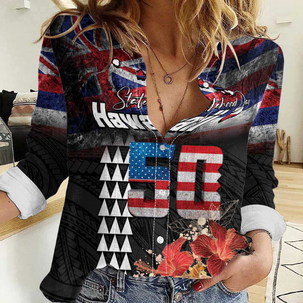 Hawaii Statehood Day Women Casual Shirt 50th state of the United States Kakau Tattoos and Hibiscus Grunge - Polynesian Pride