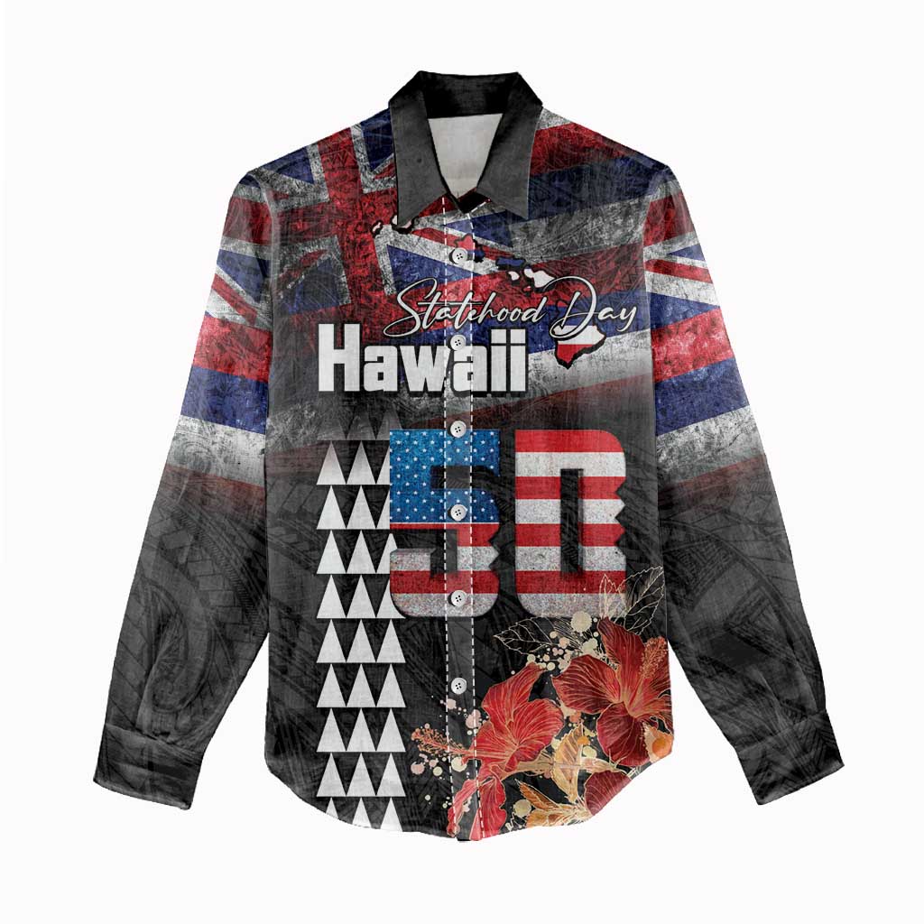 Hawaii Statehood Day Women Casual Shirt 50th state of the United States Kakau Tattoos and Hibiscus Grunge - Polynesian Pride