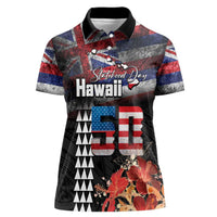 Hawaii Statehood Day Women Polo Shirt 50th state of the United States Kakau Tattoos and Hibiscus Grunge LT03 Female Black - Polynesian Pride
