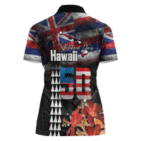 Hawaii Statehood Day Women Polo Shirt 50th state of the United States Kakau Tattoos and Hibiscus Grunge LT03 - Polynesian Pride