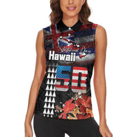 Hawaii Statehood Day Women Sleeveless Polo Shirt 50th state of the United States Kakau Tattoos and Hibiscus Grunge LT03 - Polynesian Pride