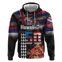 Hawaii Statehood Day Zip Hoodie 50th state of the United States Kakau Tattoos and Hibiscus Grunge - Polynesian Pride
