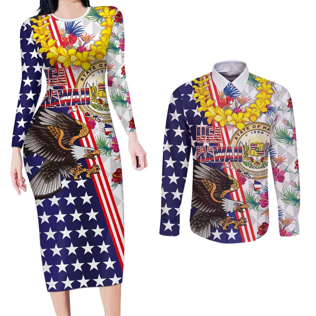 Hawaii and United States Together Couples Matching Long Sleeve Bodycon Dress and Long Sleeve Button Shirt Seal of Hawaii and Bald Eagle LT03 White - Polynesian Pride