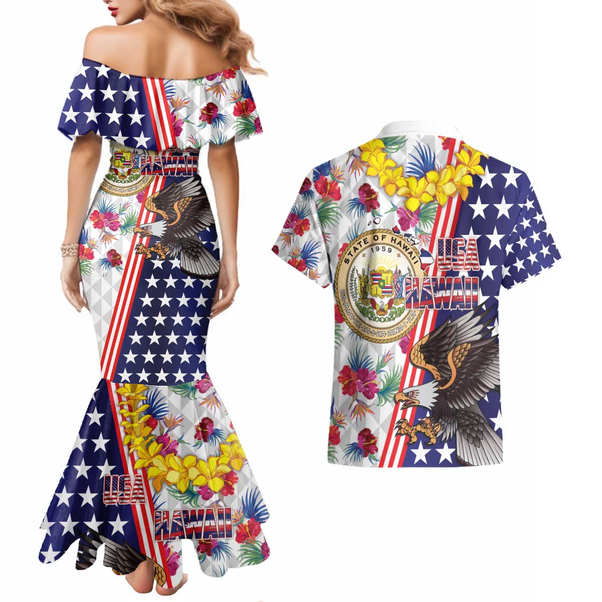 Hawaii and United States Together Couples Matching Mermaid Dress and Hawaiian Shirt Seal of Hawaii and Bald Eagle LT03 - Polynesian Pride