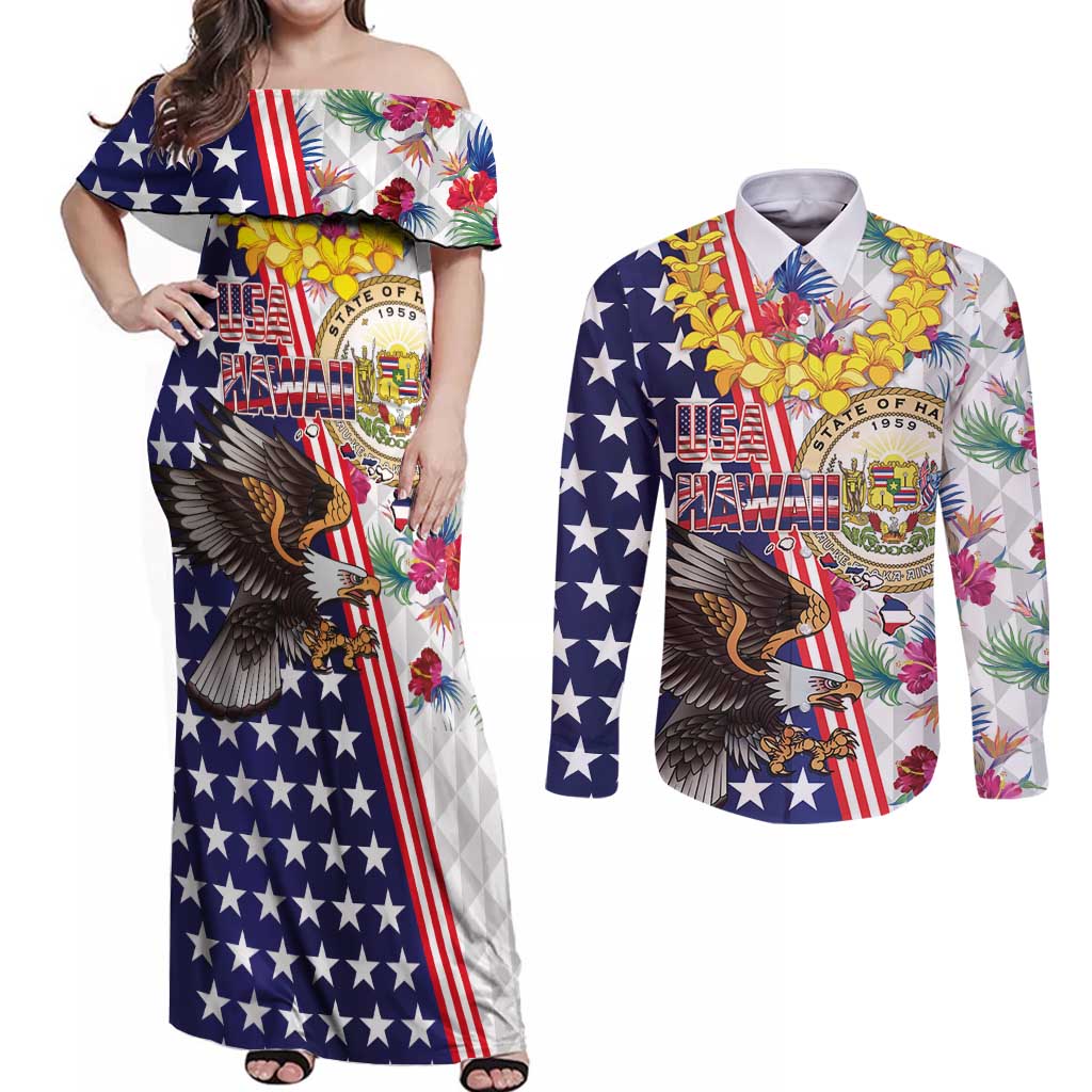 Hawaii and United States Together Couples Matching Off Shoulder Maxi Dress and Long Sleeve Button Shirt Seal of Hawaii and Bald Eagle LT03 White - Polynesian Pride