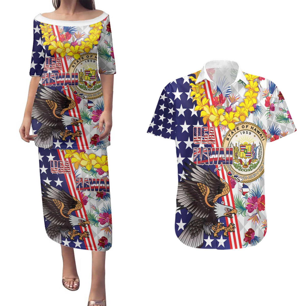 Hawaii and United States Together Couples Matching Puletasi and Hawaiian Shirt Seal of Hawaii and Bald Eagle LT03 White - Polynesian Pride